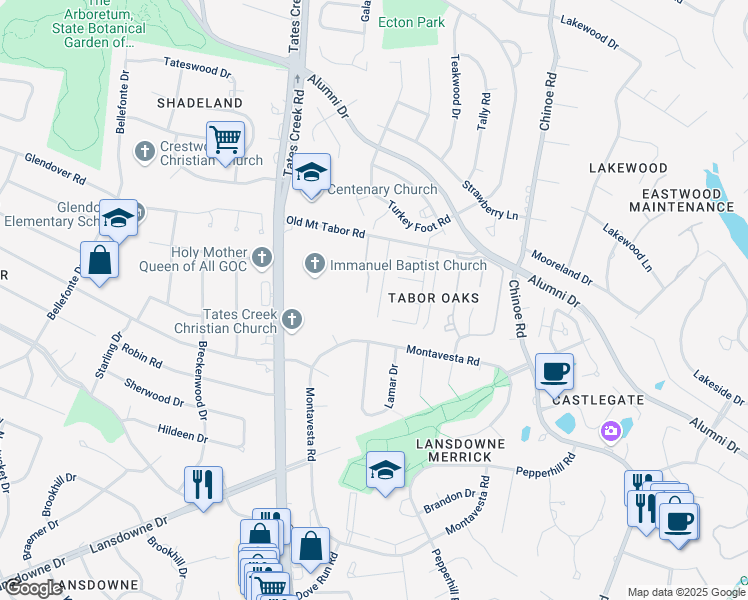map of restaurants, bars, coffee shops, grocery stores, and more near 2957 Candlelight Way in Lexington