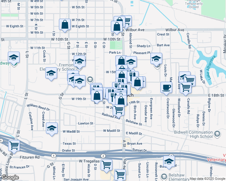 map of restaurants, bars, coffee shops, grocery stores, and more near 33 W 17th St in Antioch