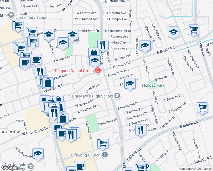 map of restaurants, bars, coffee shops, grocery stores, and more near 5811 North El Dorado Street in Stockton