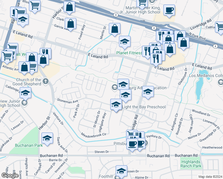 map of restaurants, bars, coffee shops, grocery stores, and more near 1151 Stoneman Avenue in Pittsburg