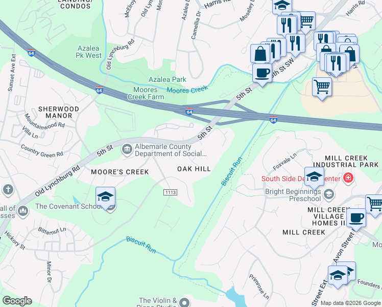 map of restaurants, bars, coffee shops, grocery stores, and more near 1103 Pinehurst Court in Charlottesville