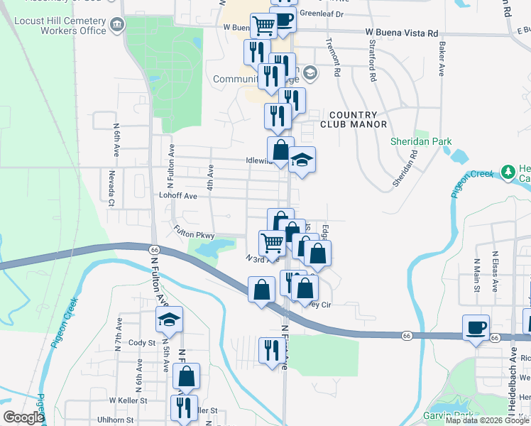 map of restaurants, bars, coffee shops, grocery stores, and more near 909 Meyer Avenue in Evansville