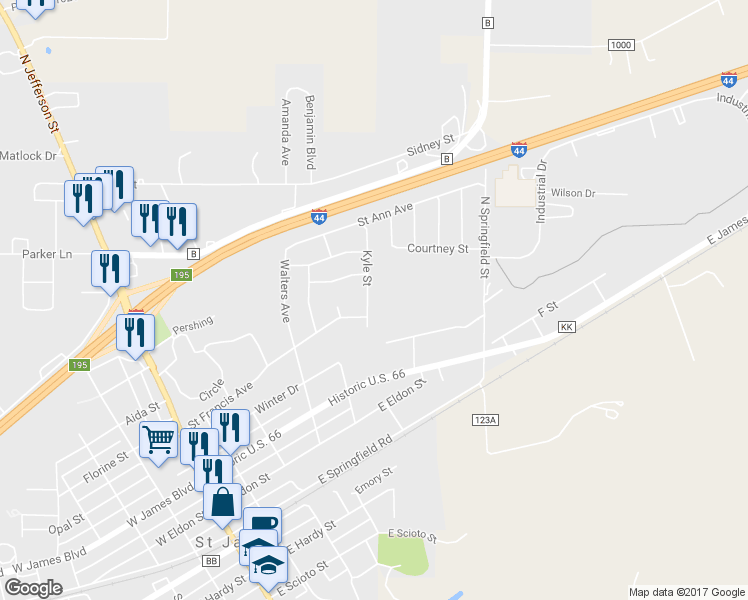 map of restaurants, bars, coffee shops, grocery stores, and more near 514 Kyle Avenue in Saint James