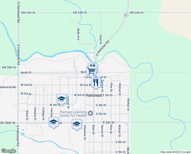 map of restaurants, bars, coffee shops, grocery stores, and more near 116 East 1st Street in Halstead