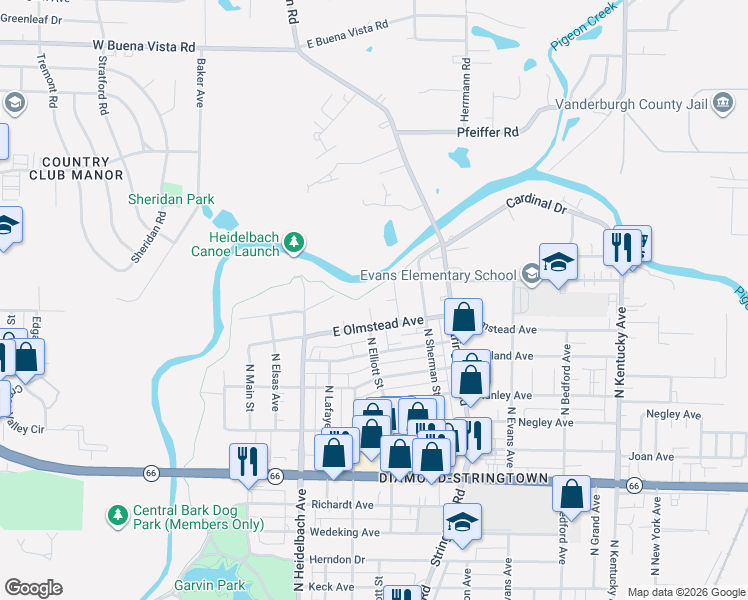 map of restaurants, bars, coffee shops, grocery stores, and more near 508 East Olmstead Avenue in Evansville