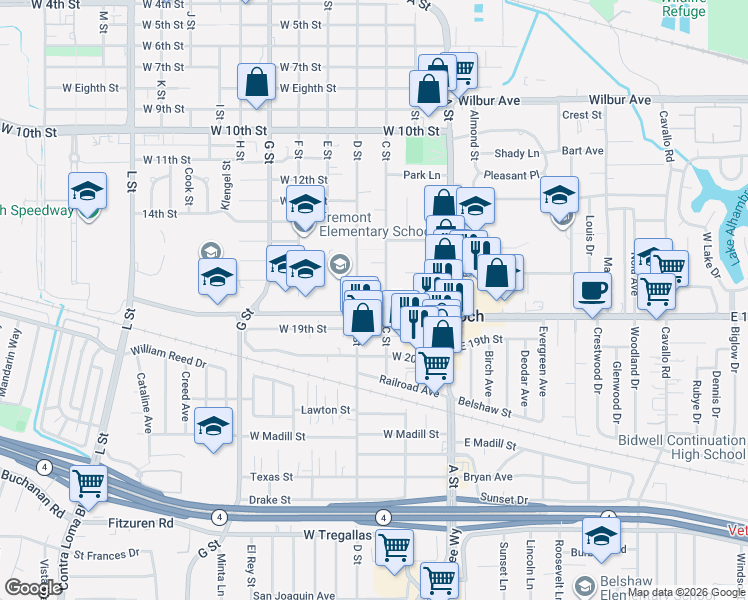 map of restaurants, bars, coffee shops, grocery stores, and more near 209 West 17th Street in Antioch