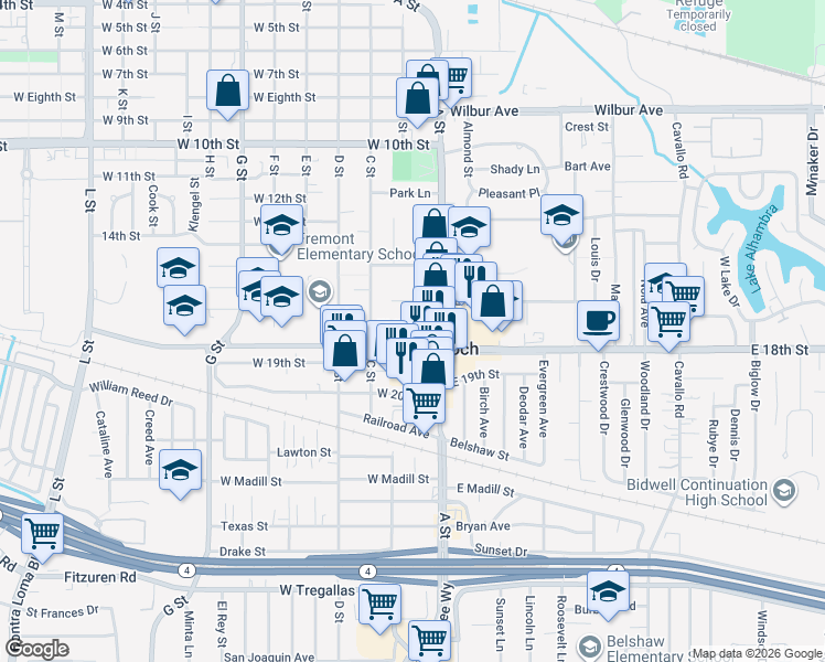 map of restaurants, bars, coffee shops, grocery stores, and more near 25 West 17th Street in Antioch