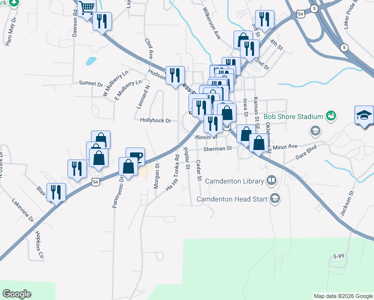 map of restaurants, bars, coffee shops, grocery stores, and more near 101 Keeney Street in Camdenton