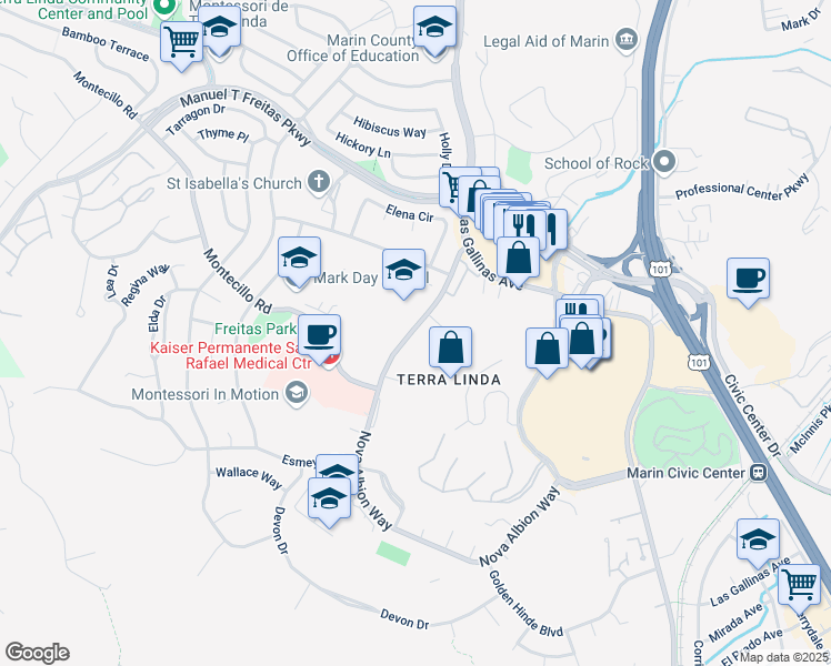 map of restaurants, bars, coffee shops, grocery stores, and more near 175 Nova Albion Way in San Rafael