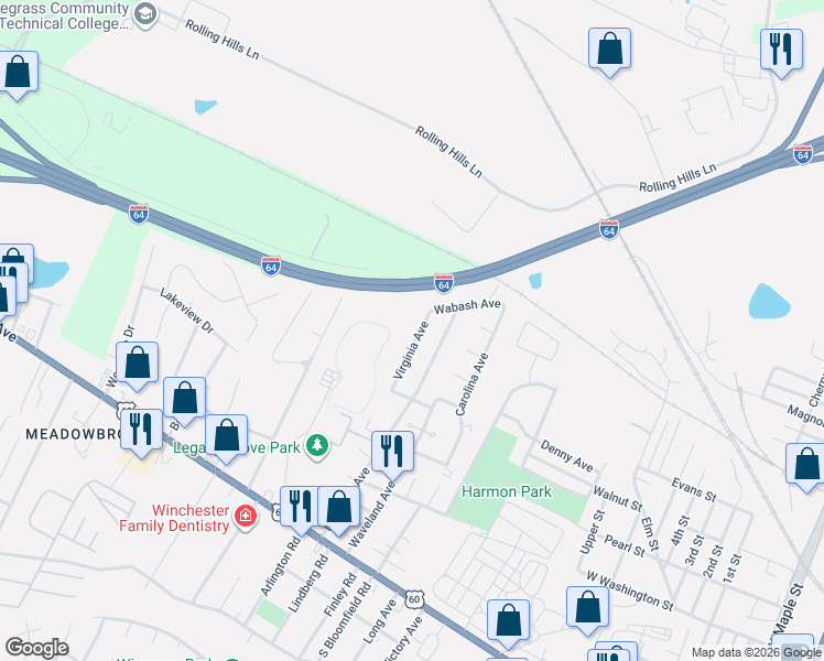 map of restaurants, bars, coffee shops, grocery stores, and more near 28 Virginia Avenue in Winchester