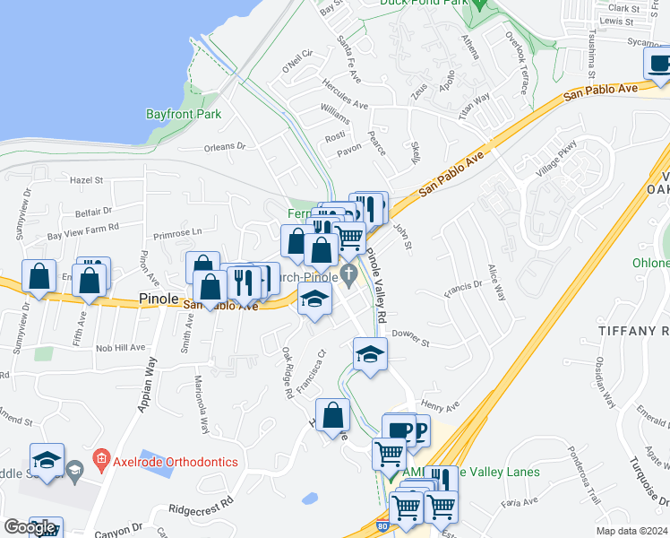 map of restaurants, bars, coffee shops, grocery stores, and more near 2337 San Pablo Avenue in Pinole