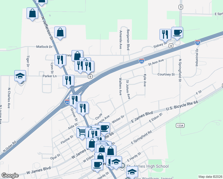 map of restaurants, bars, coffee shops, grocery stores, and more near 528 Home Drive in Saint James