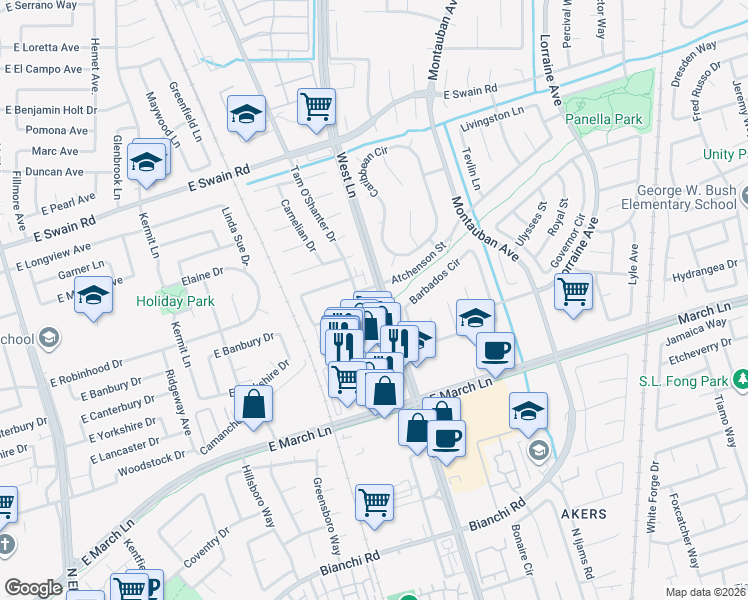 map of restaurants, bars, coffee shops, grocery stores, and more near 5375 West Lane in Stockton
