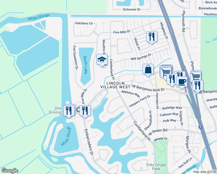 map of restaurants, bars, coffee shops, grocery stores, and more near 3613 West Benjamin Holt Drive in Stockton