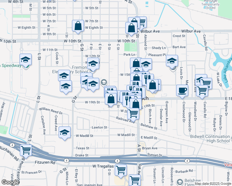 map of restaurants, bars, coffee shops, grocery stores, and more near 1700 C Street in Antioch