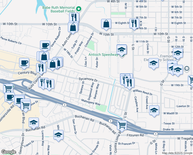 map of restaurants, bars, coffee shops, grocery stores, and more near 1604 Sycamore Drive in Antioch