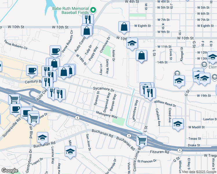 map of restaurants, bars, coffee shops, grocery stores, and more near 1706 Sycamore Drive in Antioch