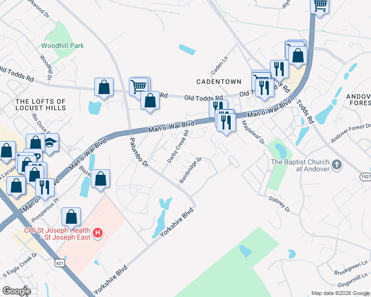 map of restaurants, bars, coffee shops, grocery stores, and more near 413 Darby Creek Road in Lexington