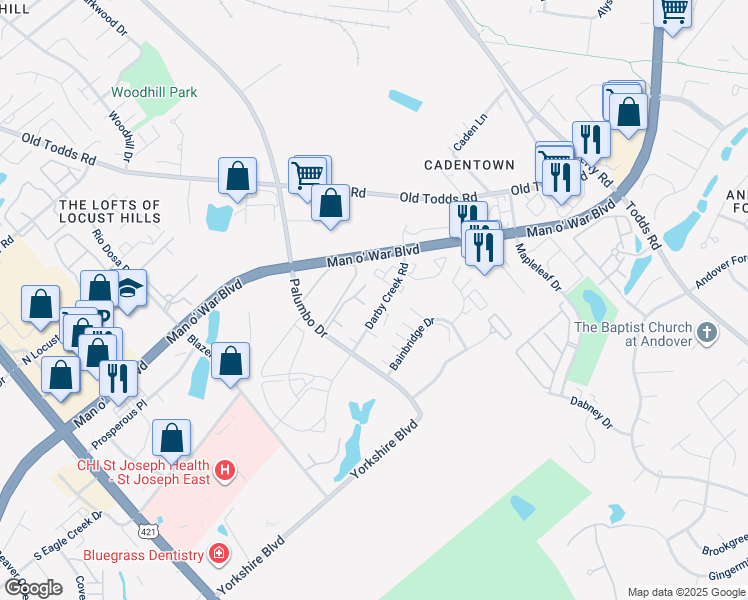 map of restaurants, bars, coffee shops, grocery stores, and more near 413 Darby Creek Road in Lexington
