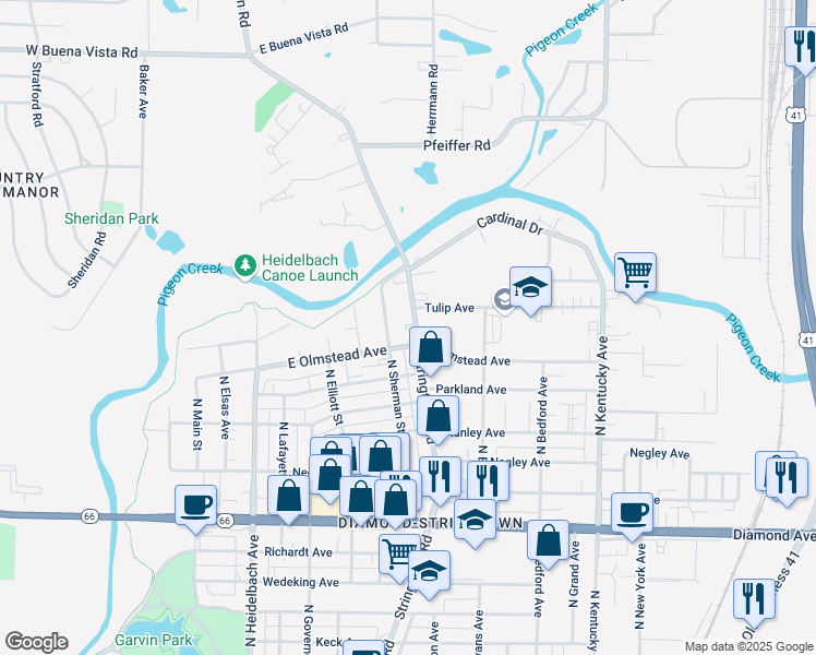 map of restaurants, bars, coffee shops, grocery stores, and more near 2725 North Sherman Street in Evansville