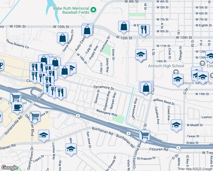 map of restaurants, bars, coffee shops, grocery stores, and more near 1700 Sycamore Drive in Antioch