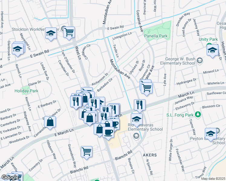 map of restaurants, bars, coffee shops, grocery stores, and more near 5215 Barbados Court in Stockton