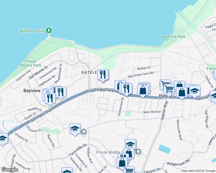 map of restaurants, bars, coffee shops, grocery stores, and more near 806 San Pablo Avenue in Pinole