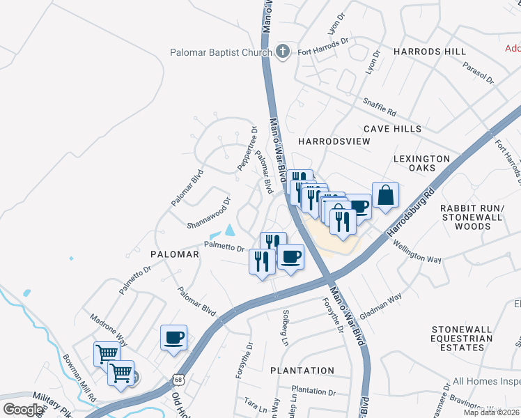 map of restaurants, bars, coffee shops, grocery stores, and more near 3957 Rock Ledge Lane in Lexington