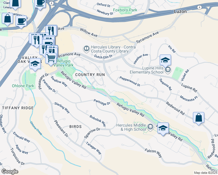map of restaurants, bars, coffee shops, grocery stores, and more near 112 Fountain Grass Court in Hercules