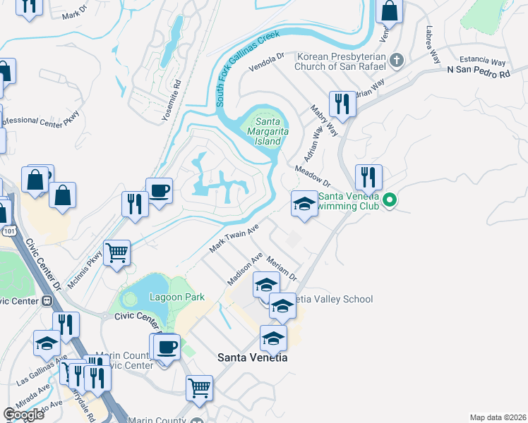 map of restaurants, bars, coffee shops, grocery stores, and more near 219 Mark Twain Avenue in San Rafael