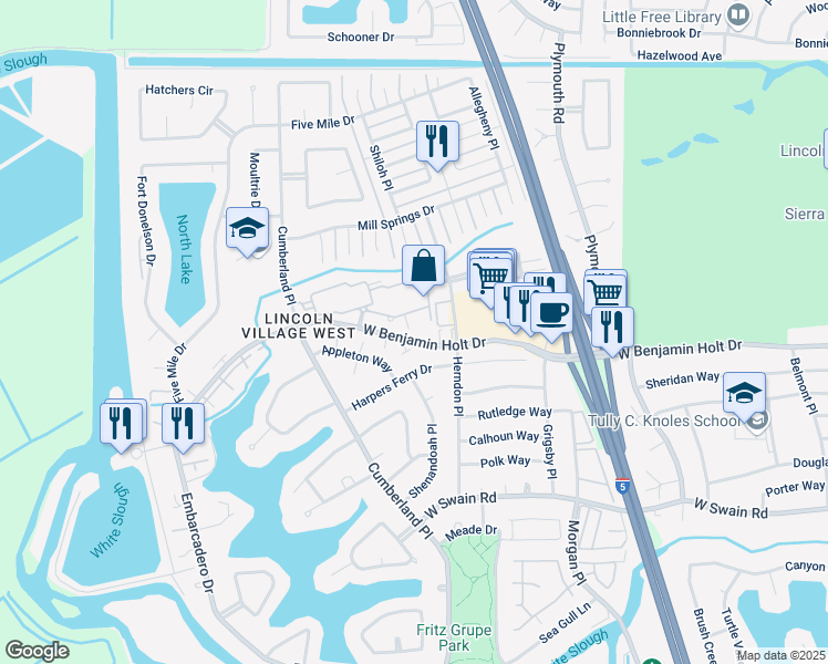 map of restaurants, bars, coffee shops, grocery stores, and more near 3545 West Benjamin Holt Drive in Stockton