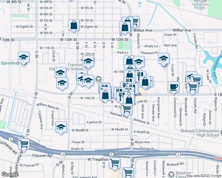 map of restaurants, bars, coffee shops, grocery stores, and more near 1700 C Street in Antioch