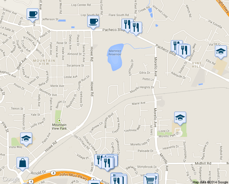 map of restaurants, bars, coffee shops, grocery stores, and more near 2581 Morello Heights Circle in Martinez
