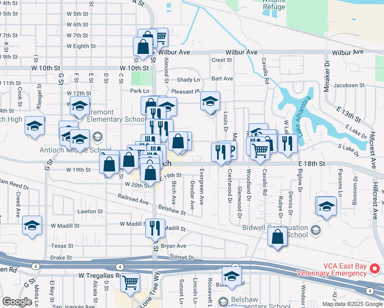 map of restaurants, bars, coffee shops, grocery stores, and more near 44 Kimball Court in Antioch