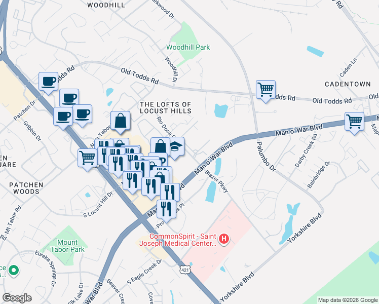 map of restaurants, bars, coffee shops, grocery stores, and more near 3050 Rio Dosa Drive in Lexington