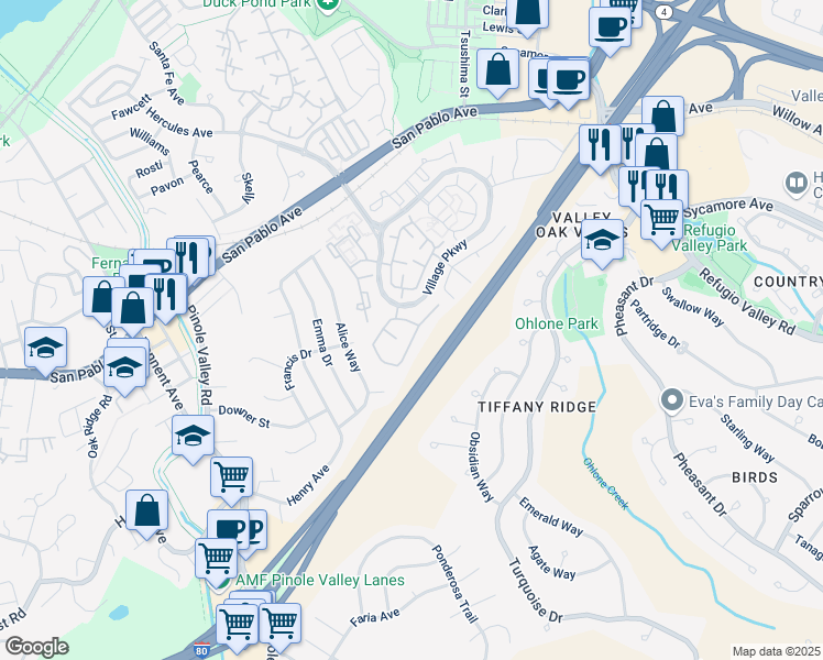map of restaurants, bars, coffee shops, grocery stores, and more near 221 Scotts Valley in Hercules