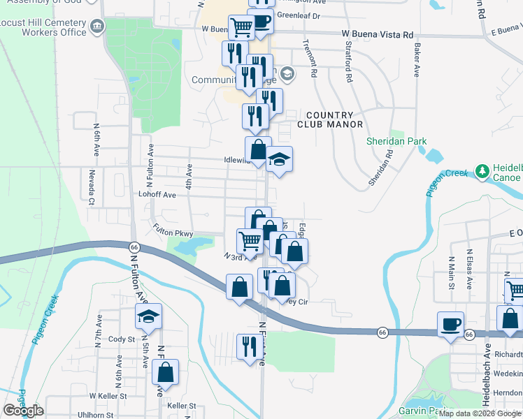 map of restaurants, bars, coffee shops, grocery stores, and more near 2904 North First Avenue in Evansville