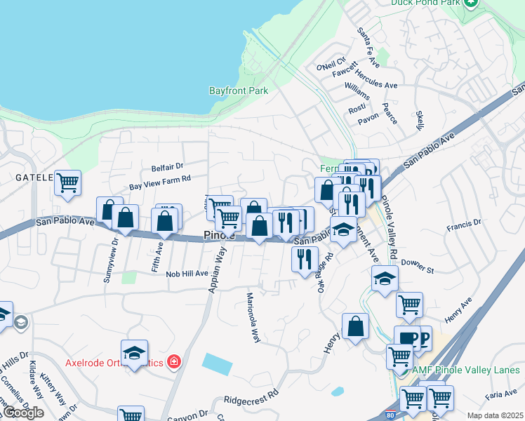 map of restaurants, bars, coffee shops, grocery stores, and more near 521 Laurel Avenue in Pinole