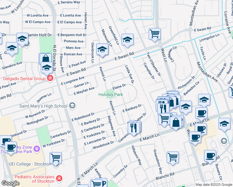 map of restaurants, bars, coffee shops, grocery stores, and more near 5654 Kermit Lane in Stockton