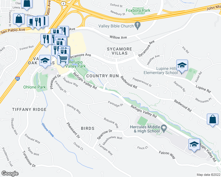 map of restaurants, bars, coffee shops, grocery stores, and more near 9 Basin Court in Hercules