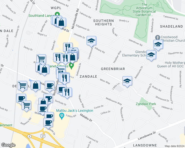 map of restaurants, bars, coffee shops, grocery stores, and more near 2037 Heather Way in Lexington