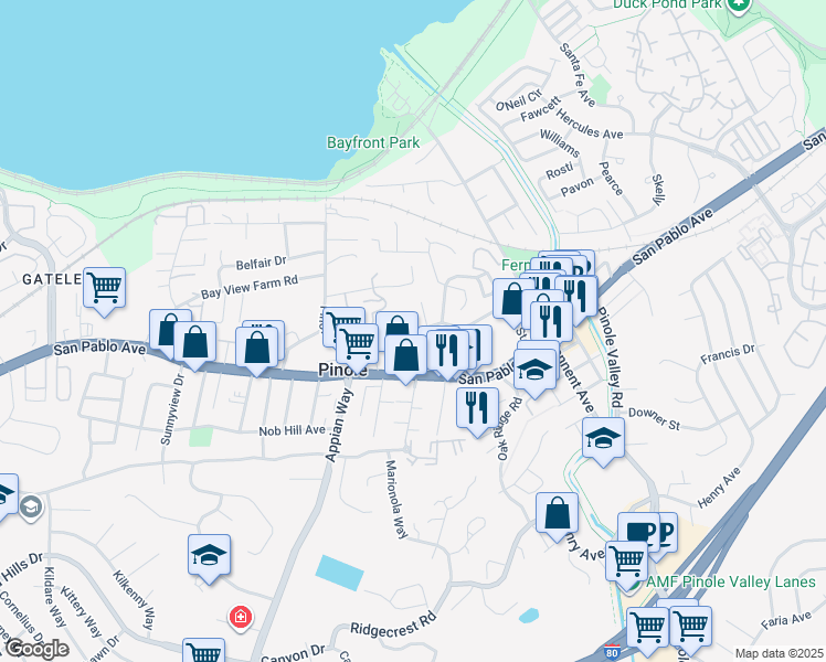 map of restaurants, bars, coffee shops, grocery stores, and more near 521 Laurel Avenue in Pinole