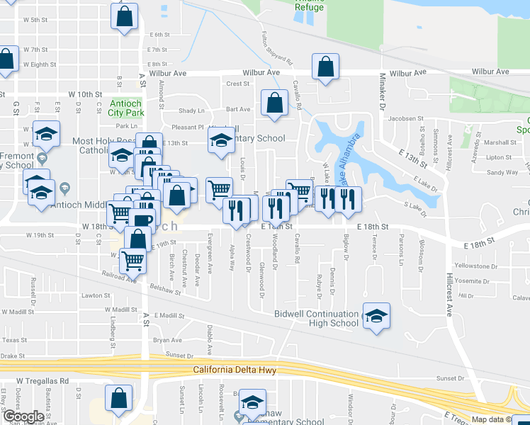 map of restaurants, bars, coffee shops, grocery stores, and more near 1702 Wisner Drive in Antioch