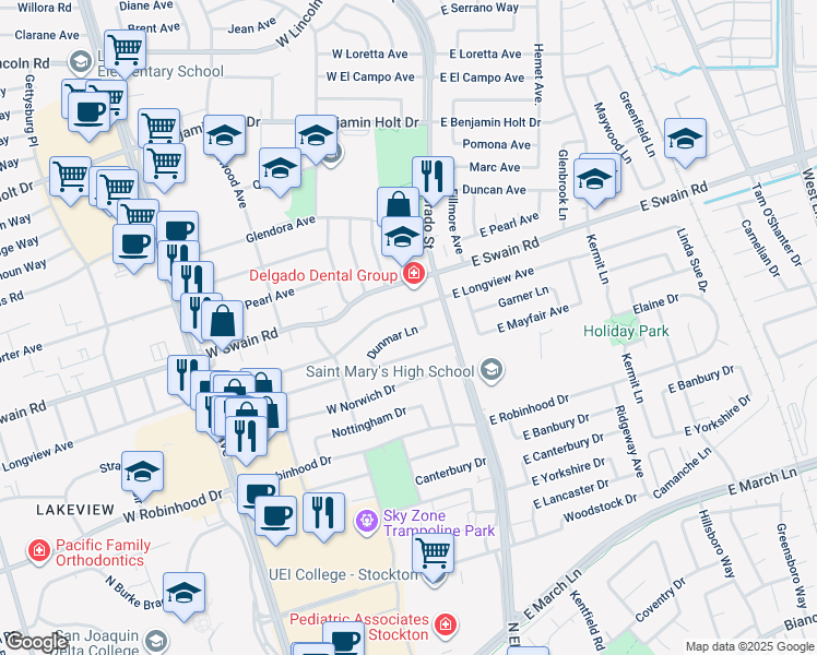 map of restaurants, bars, coffee shops, grocery stores, and more near 15a Dunmar Lane in Stockton