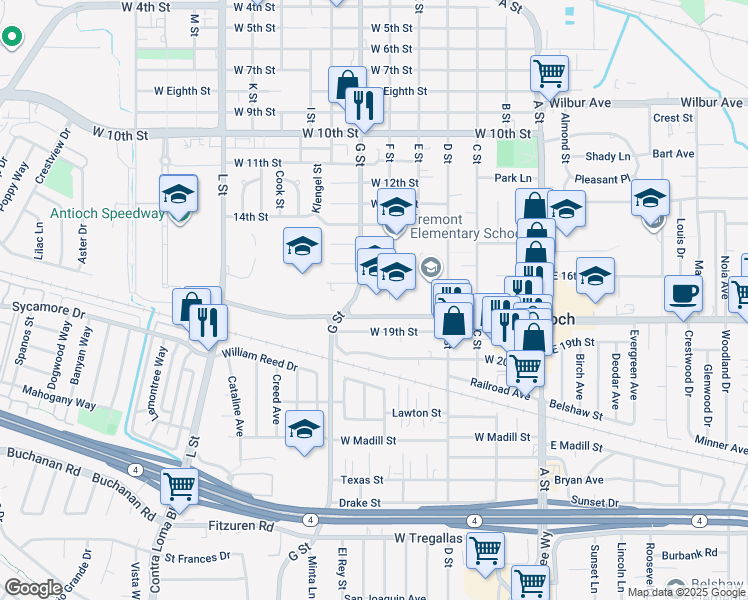 map of restaurants, bars, coffee shops, grocery stores, and more near 1708 F Street in Antioch