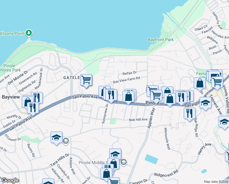 map of restaurants, bars, coffee shops, grocery stores, and more near 367 Hemleb Court in Pinole