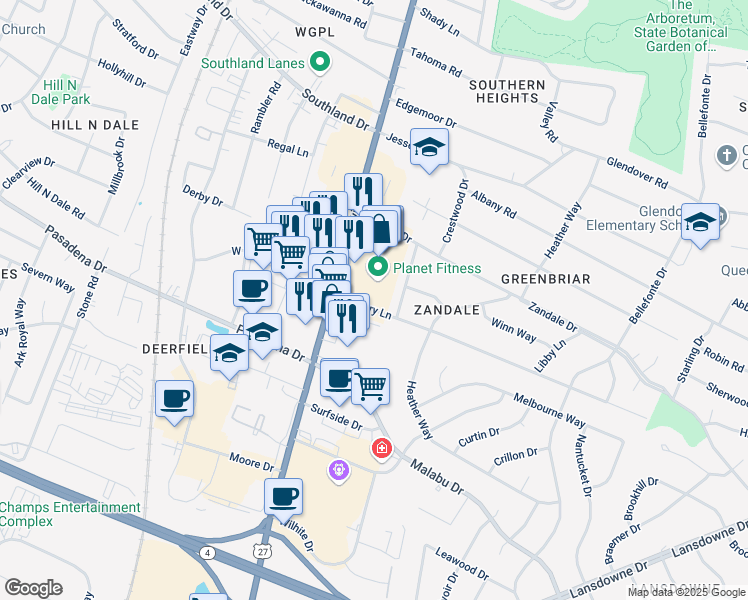 map of restaurants, bars, coffee shops, grocery stores, and more near 110 East Lowry Lane in Lexington