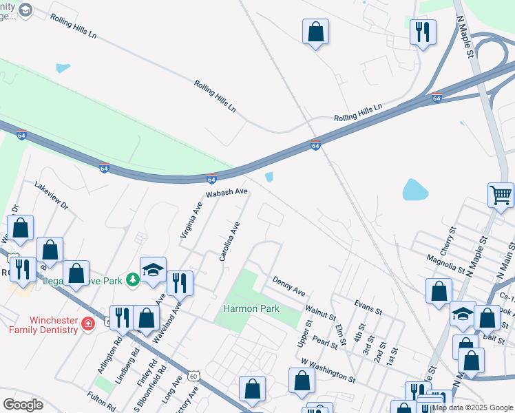 map of restaurants, bars, coffee shops, grocery stores, and more near 118 Spruce Court in Winchester