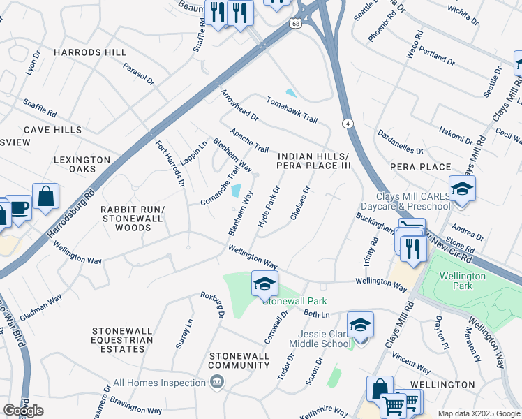 map of restaurants, bars, coffee shops, grocery stores, and more near 3149 Hyde Park Drive in Lexington