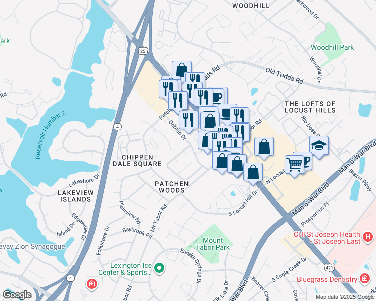 map of restaurants, bars, coffee shops, grocery stores, and more near 369 Pleasant Pointe Drive in Lexington